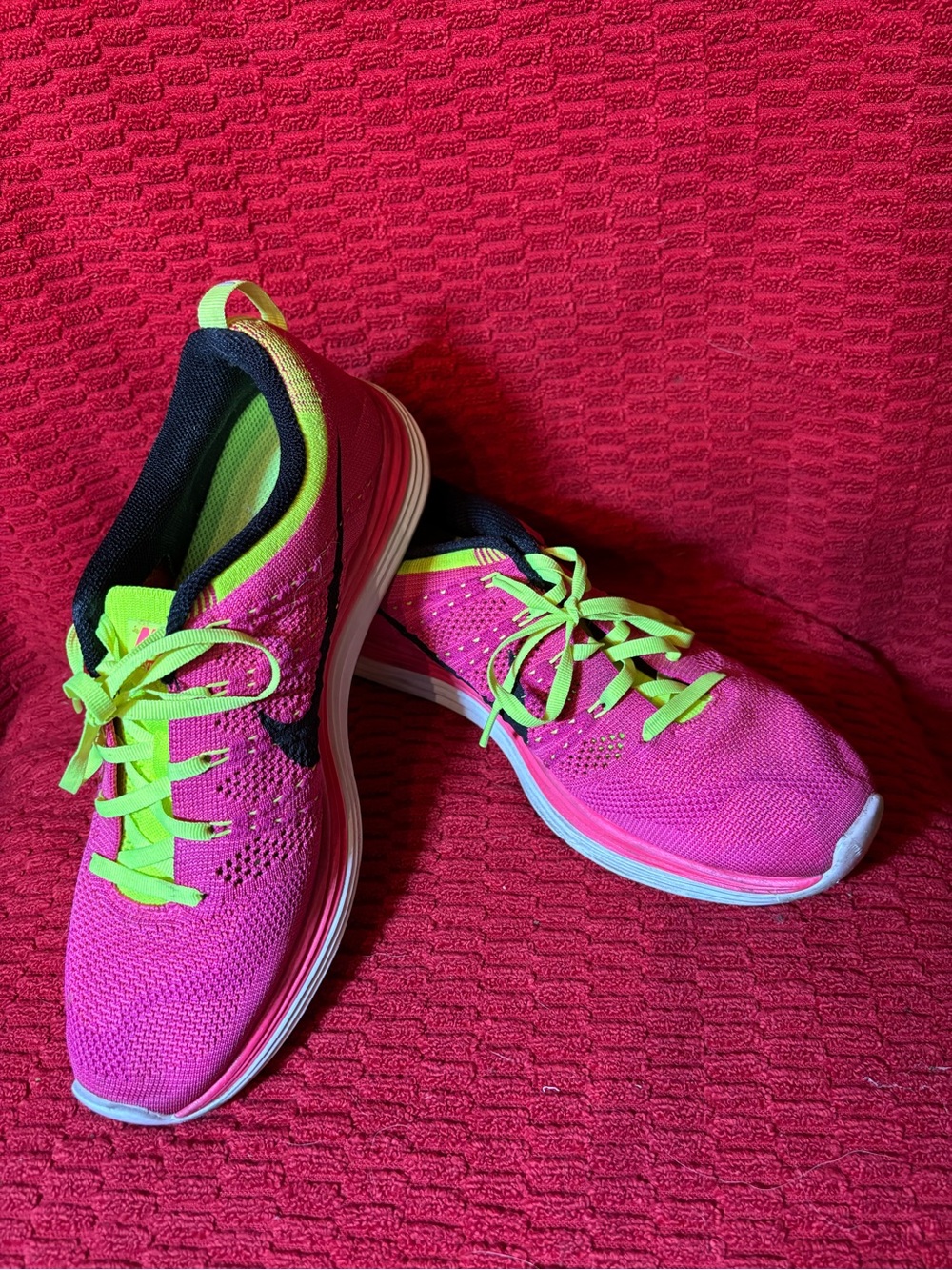 Nike Women's Hot Pink Knit Running Shoes with Neon Yellow Accents